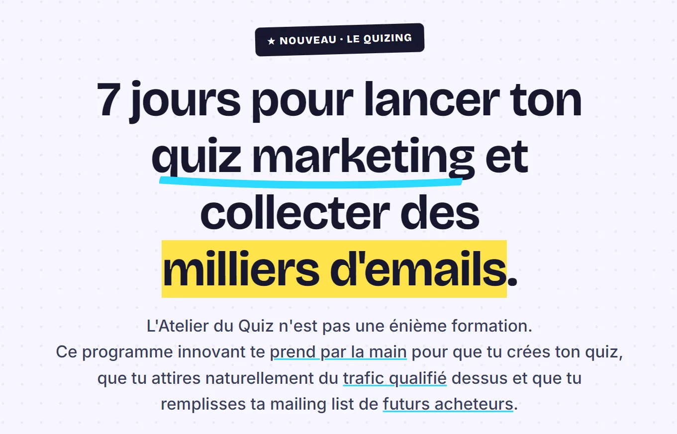 The Atelier du Quiz home page, in French: 7 days to launch your marketing quiz and collect thousands of emails