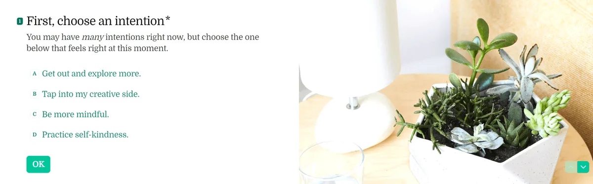 First question of a wellness quiz, choose an intention, with four answers from exploring more to practising self-kindness