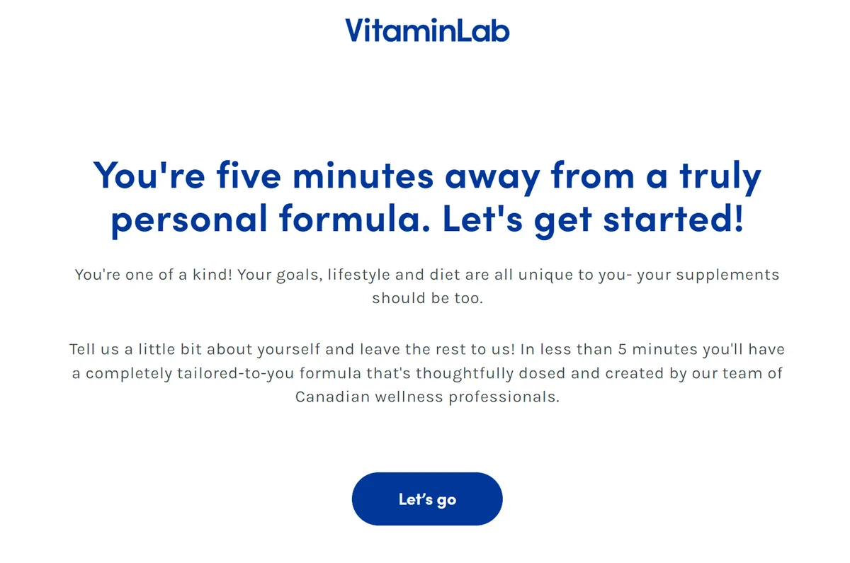 Opening screen of VitaminLab's onboarding quiz, five minutes away from a personal supplement formula