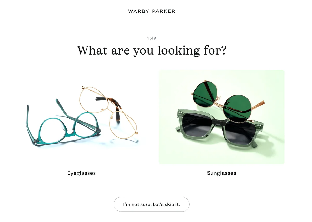First question of Warby Parker's Find Your Frames quiz: eyeglasses or sunglasses, with a button to skip it