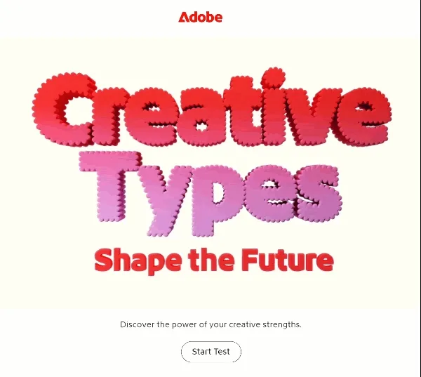 Home screen of Adobe's Creative Types quiz, Shape the Future, with its Start Test button