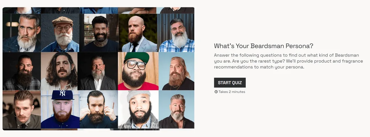 Beardbrand's What's Your Beardsman Persona quiz: a grid of fifteen bearded portraits, a Start quiz button and a two minute promise