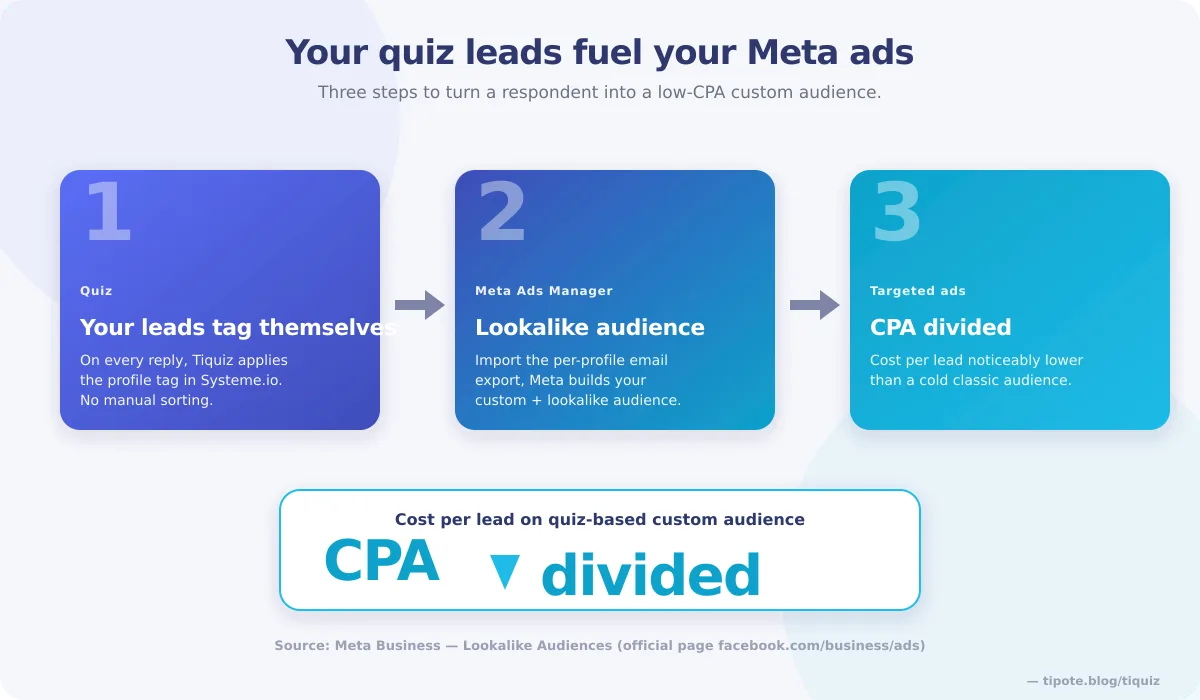 Three steps to feed Meta ads with quiz leads: the lead tags itself, the per profile export builds a lookalike audience, the cost per lead drops
