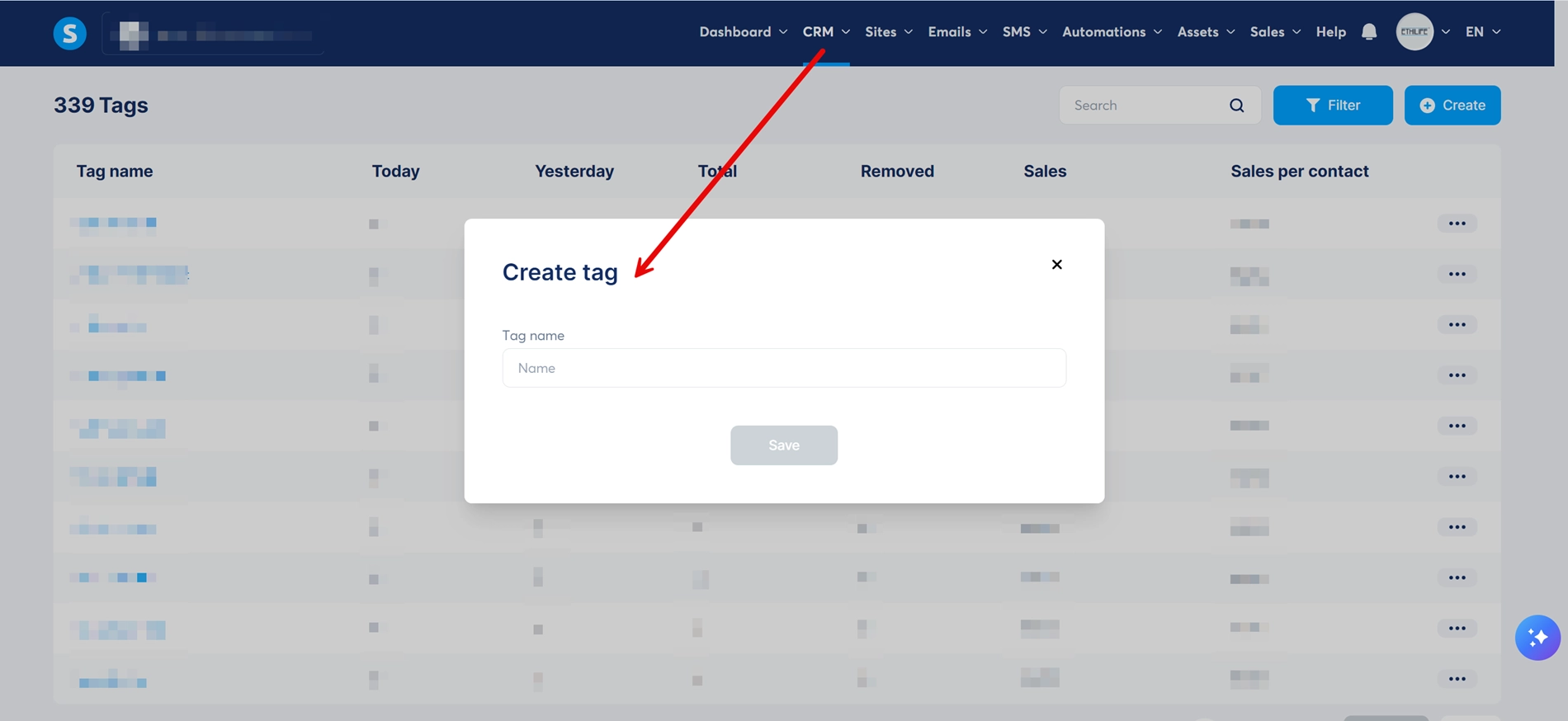 Systeme.io Tags screen with the Create button and the list of existing tags