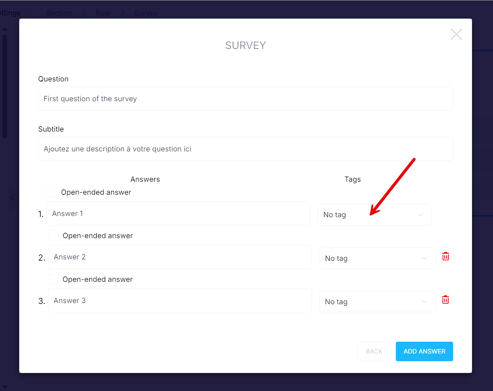 Systeme.io survey element with a tag assigned to an answer
