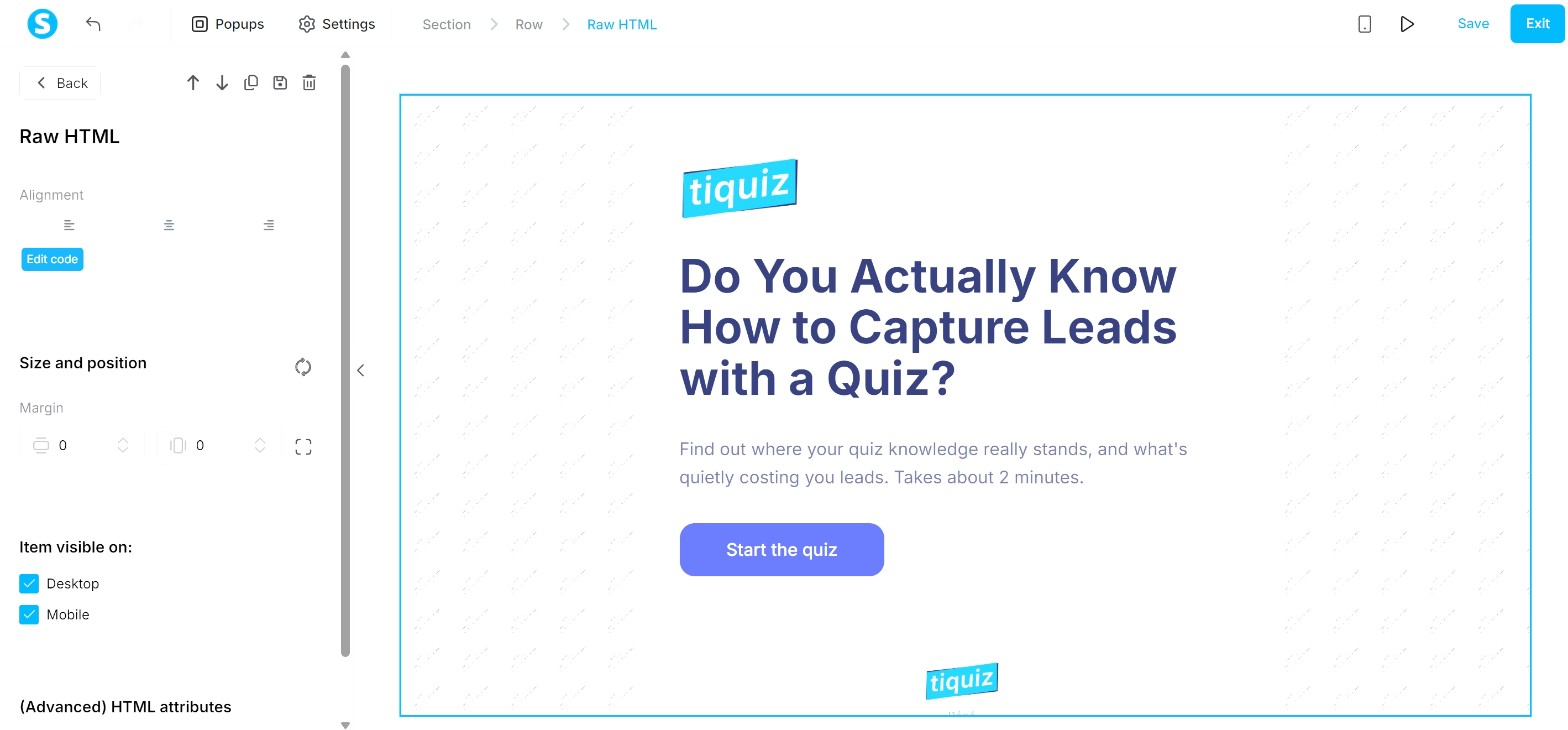 A Tiquiz quiz embedded in a Systeme.io funnel page