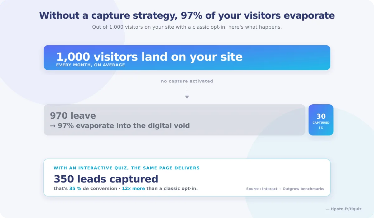 Out of 1,000 visitors with no capture in place, 970 leave and 30 are captured, where an interactive quiz on the same page captures 350