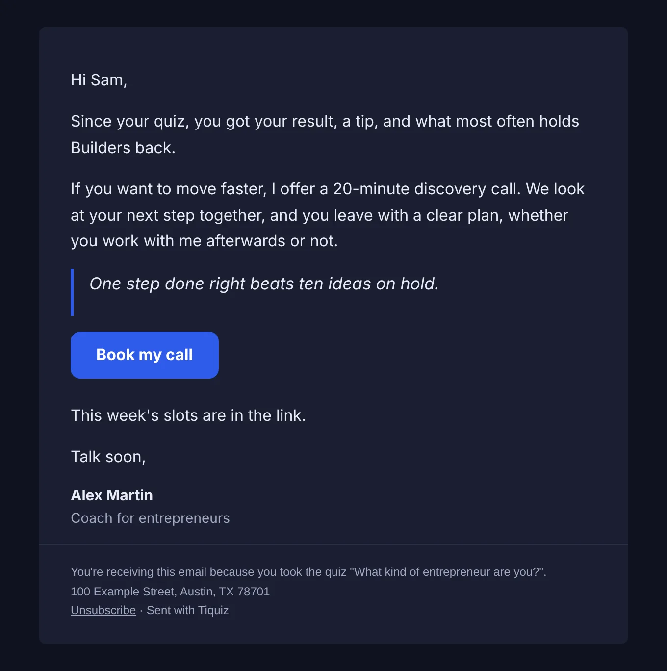 The offer email in dark mode: light text on a dark background, a quote, and the Book my call button