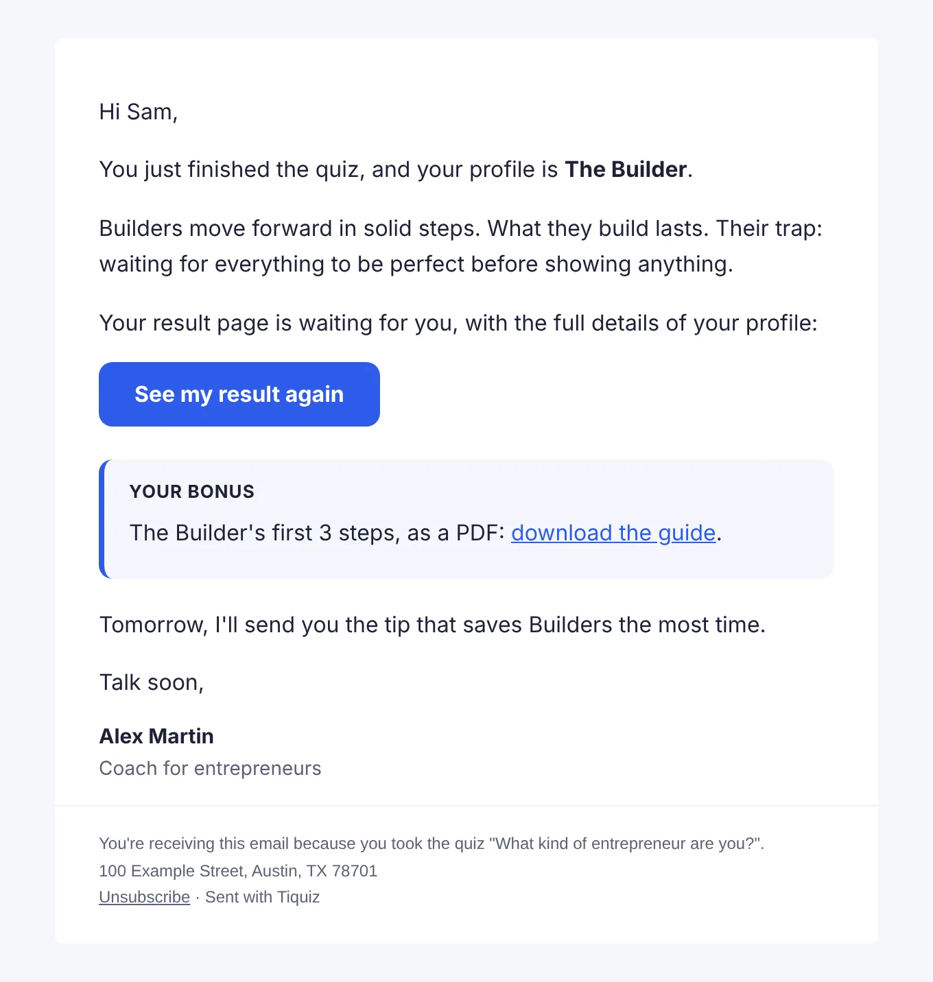 Email 1 of a Tiquiz sequence: the lead's profile, a See my result again button, their bonus, then the footer with the unsubscribe link