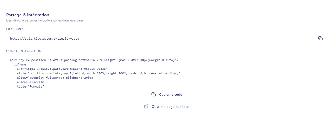 The share panel of a published Popquiz: a direct link, and an iframe embed code to paste into any page