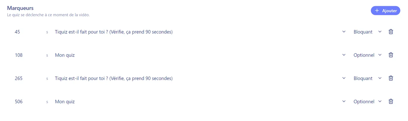 The markers list of a Popquiz: four quizzes placed at 45, 108, 265 and 506 seconds, each set to blocking or optional