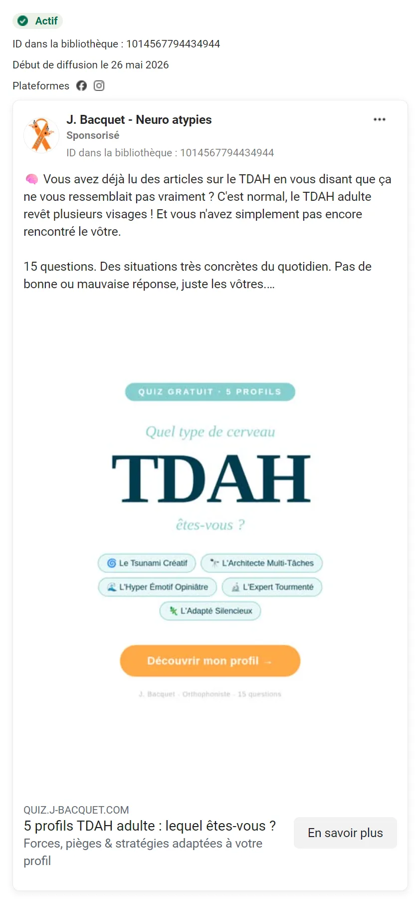 Jocelyne's Meta ad in the ad library: the ADHD quiz visual, its five profiles and the Discover my profile button
