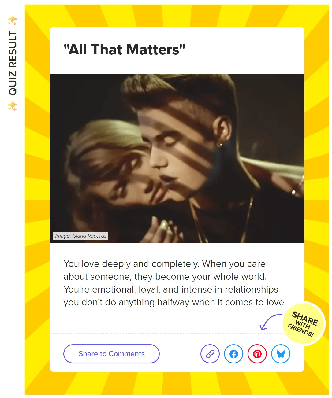 Result screen of a BuzzFeed quiz: the profile description, then a row of buttons to share it