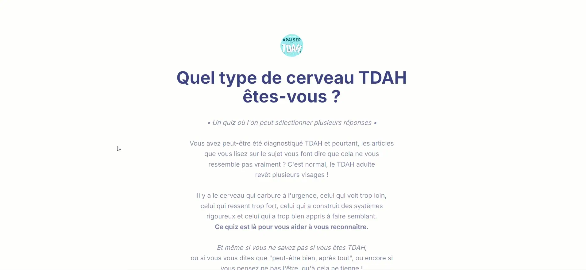 Welcome screen of Jocelyne Bacquet's quiz, What kind of ADHD brain do you have