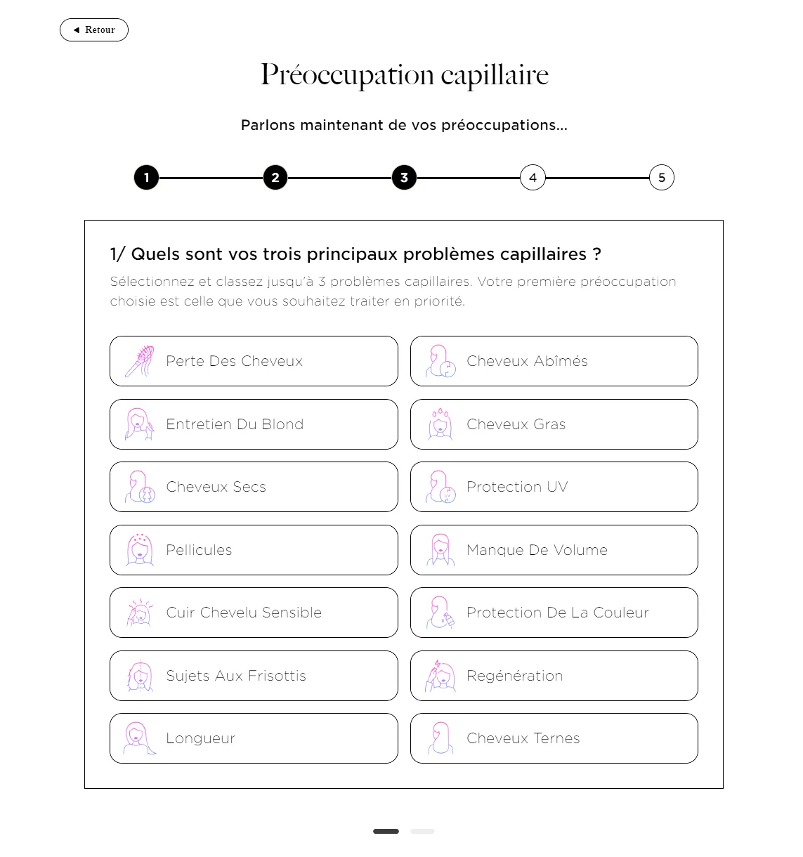 Kerastase's hair diagnosis quiz, in French: a five step bar, then fourteen hair concerns to rank, from hair loss to dull hair