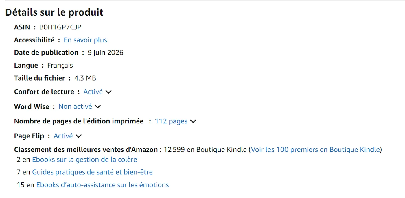 Amazon product details for Jocelyne's book: published 9 June 2026, 112 pages, ranked 2nd in anger management ebooks, 7th in health and wellbeing guides