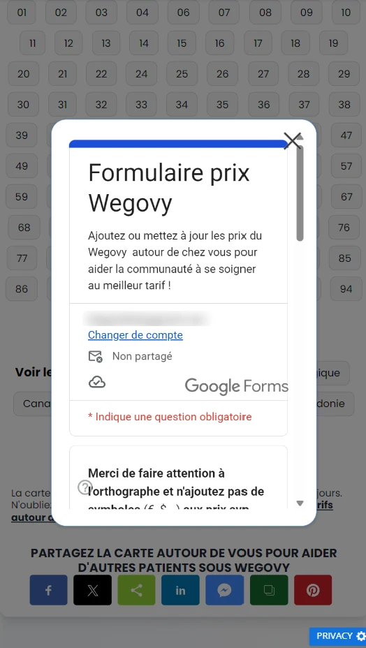 A Google Form embedded in a Systeme.io page on mobile, with its own scrollbar
