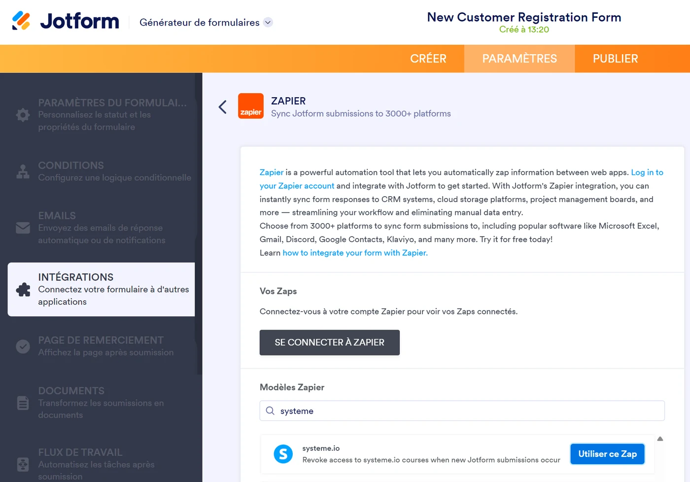 Jotform's Systeme.io integration opens a Zapier panel, with its Zap templates