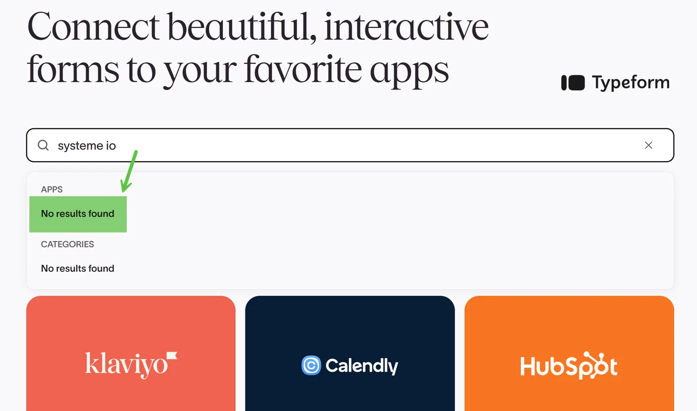 A search for Systeme.io in the Typeform integrations returns no result